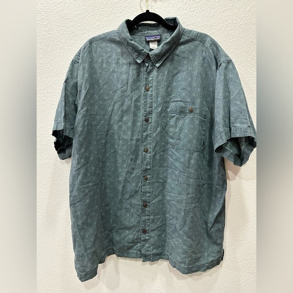 Patagonia Mens Cross Print Hemp Blend Short Sleeve Button Up Shirt Size XXL Blue